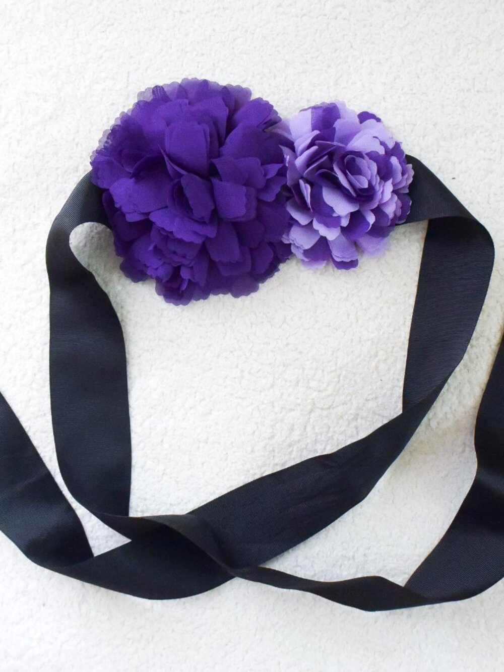 *White House Black Market* Black Ribbon Belt Sash w/ Purple Flowers.